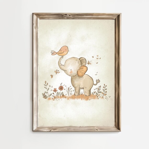 Baby Elephant With Bird On Trunk Among Wildflowers Nursery Poster
