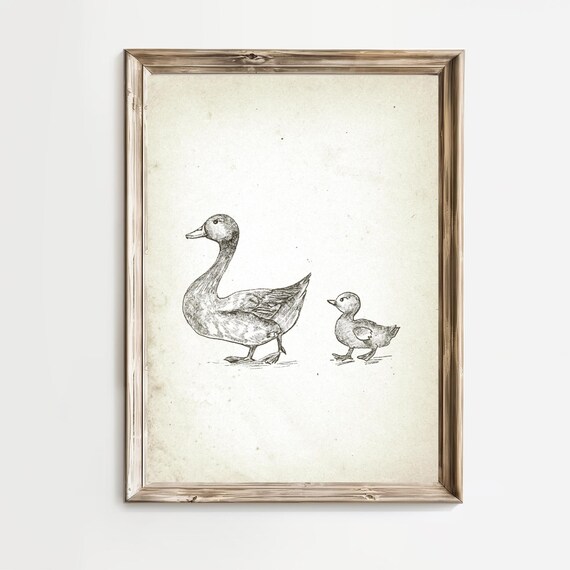 Mother Duck And Duckling Walking Sepia Sketch Nursery Wall Art