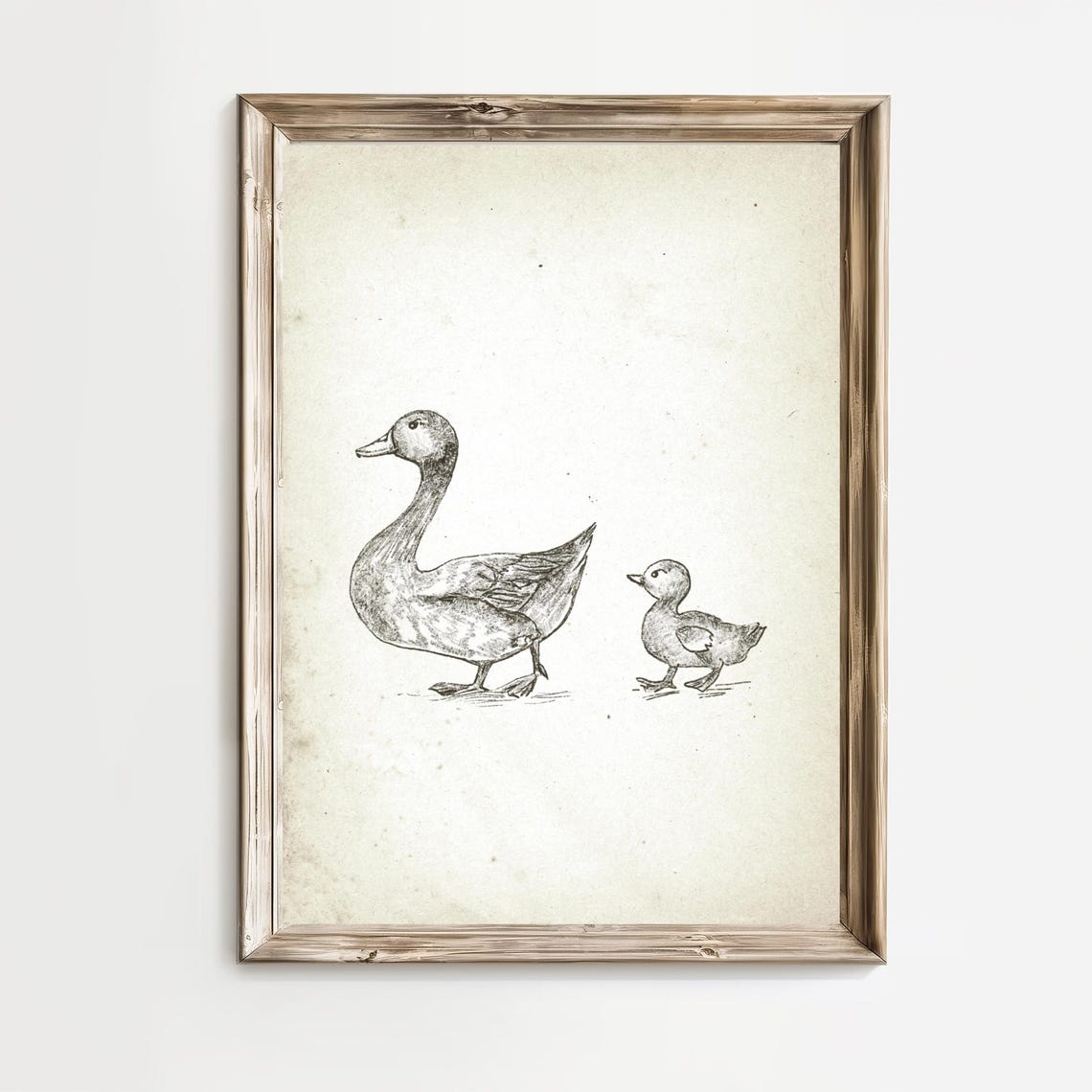 Mother Duck And Duckling Walking Sepia Sketch Nursery Wall Art