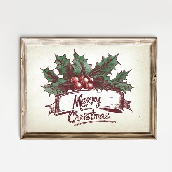 Merry Christmas Ribbon Banner With Holly Berries Vintage Poster