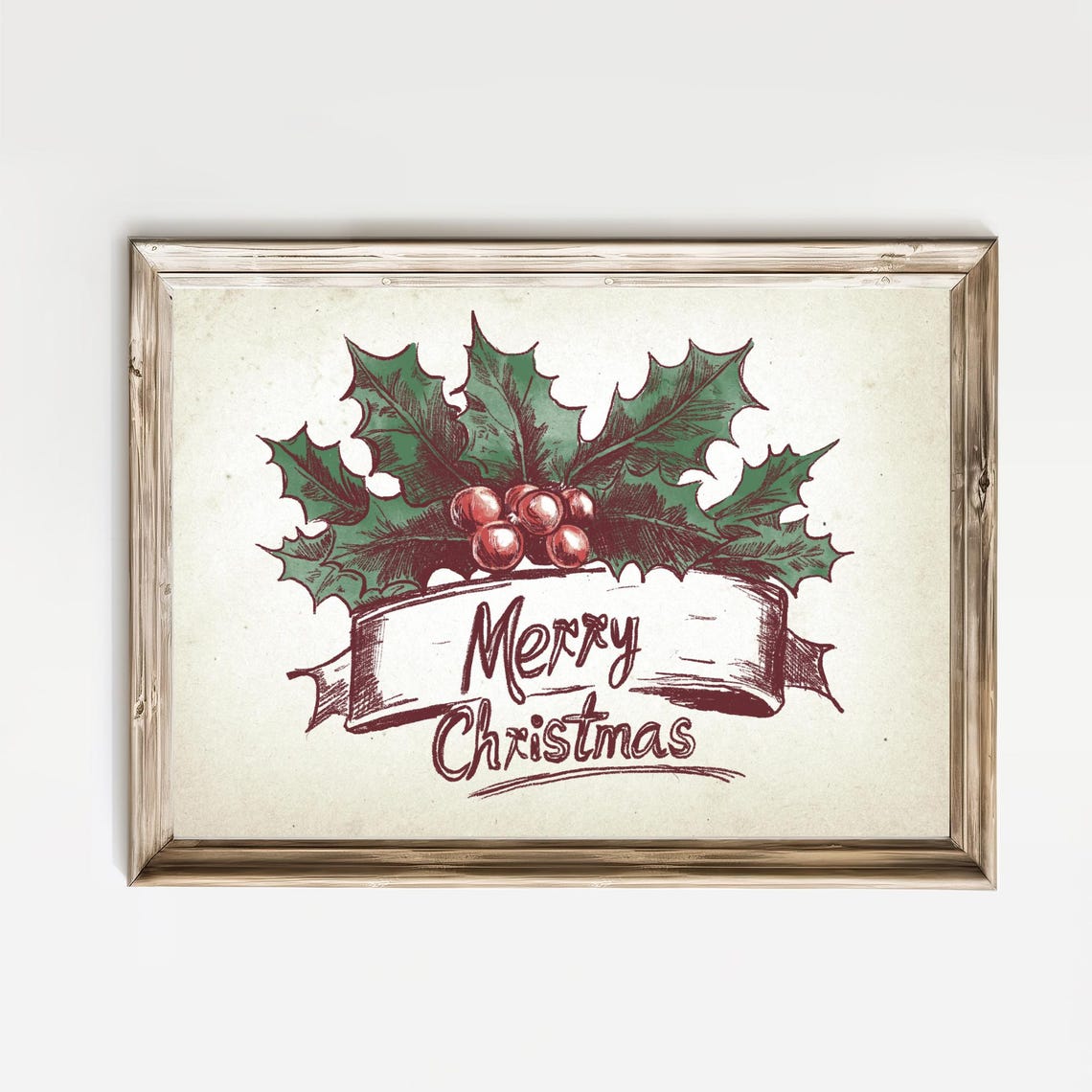 Merry Christmas Ribbon Banner With Holly Berries Vintage Poster