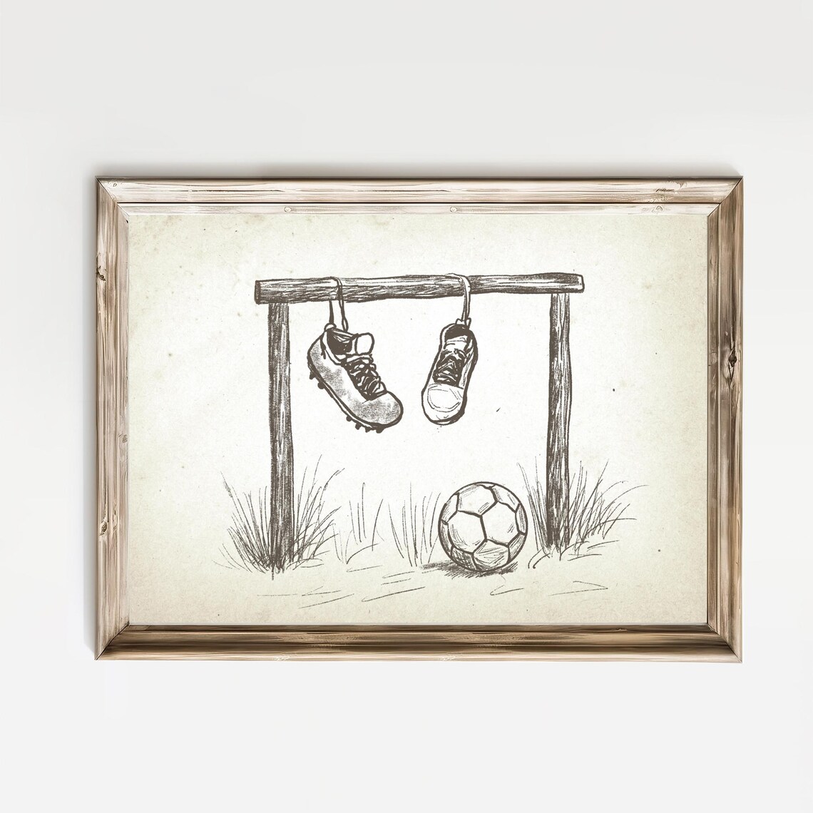 Soccer Cleats Hanging On Goalpost With Ball Vintage Sketch Poster