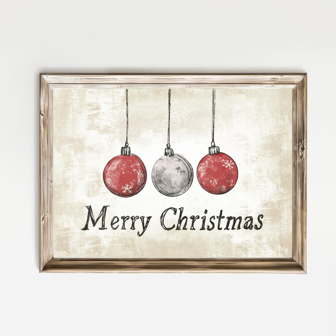 Three Hanging Christmas Ornaments Merry Christmas Script Poster