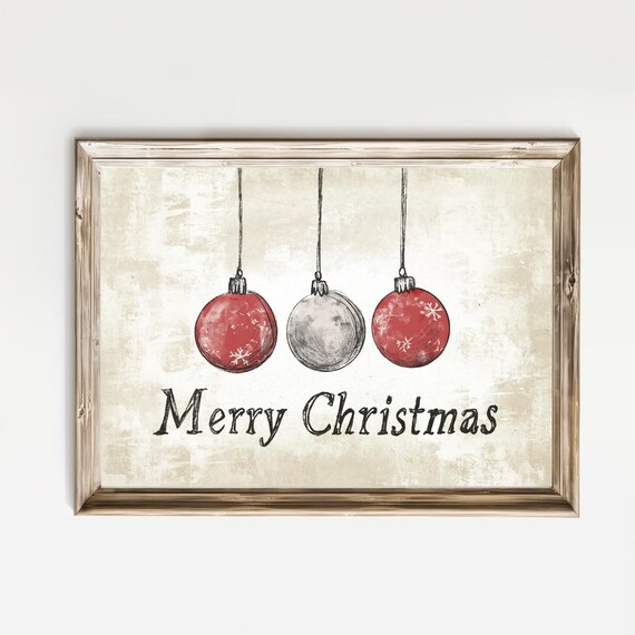 Three Hanging Christmas Ornaments Merry Christmas Script Poster