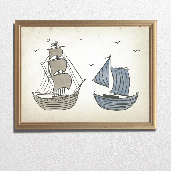 Two Vintage Sailing Ships Ink Sketch Kids Nautical Room Poster