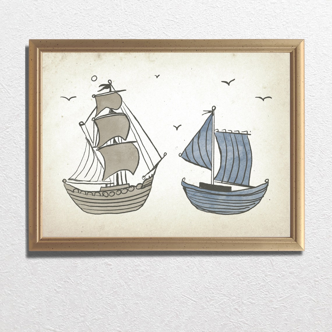 Two Vintage Sailing Ships Ink Sketch Kids Nautical Room Poster