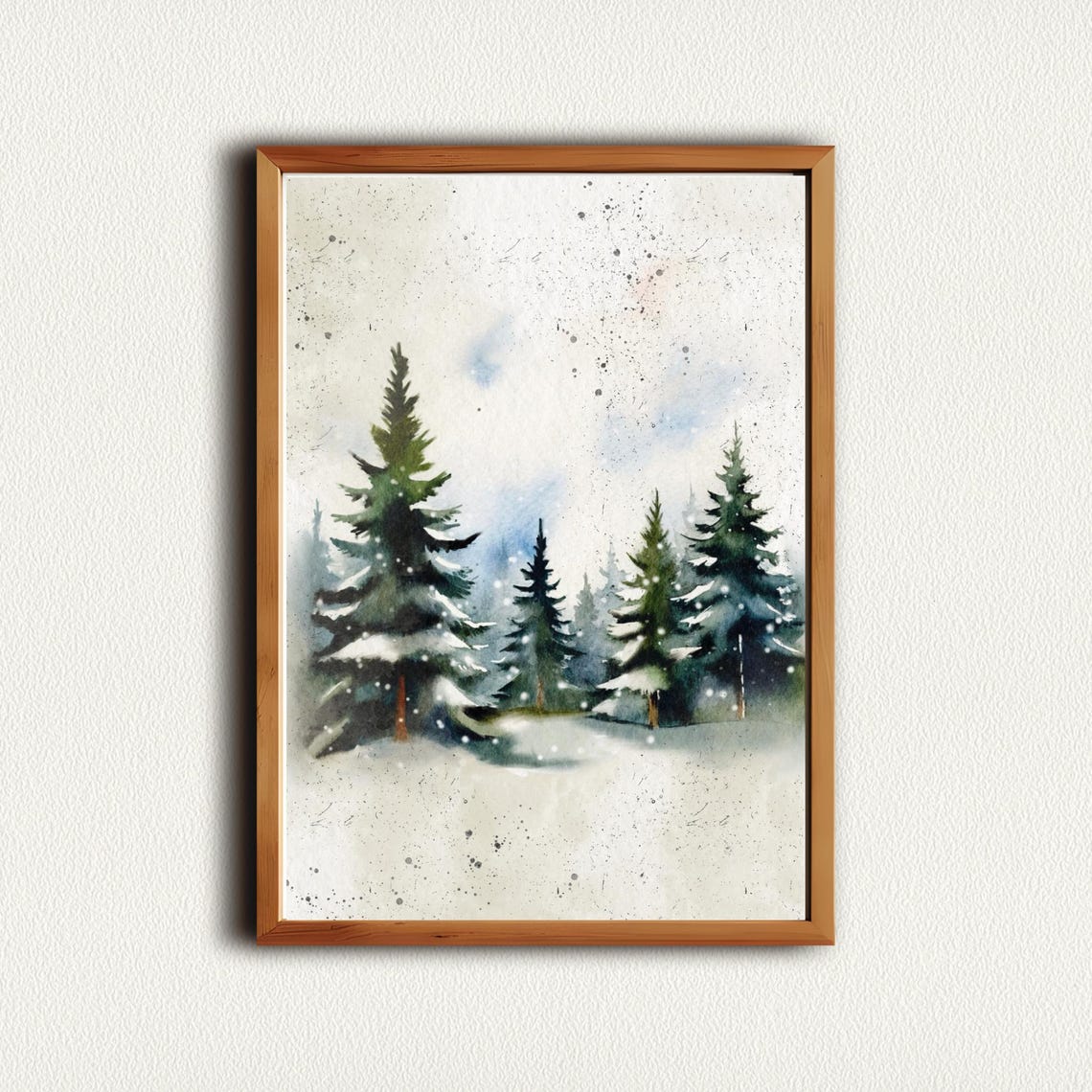 Soft Snow Covered Pine Trees Gently Falling Snow Watercolor Poster - Image 4