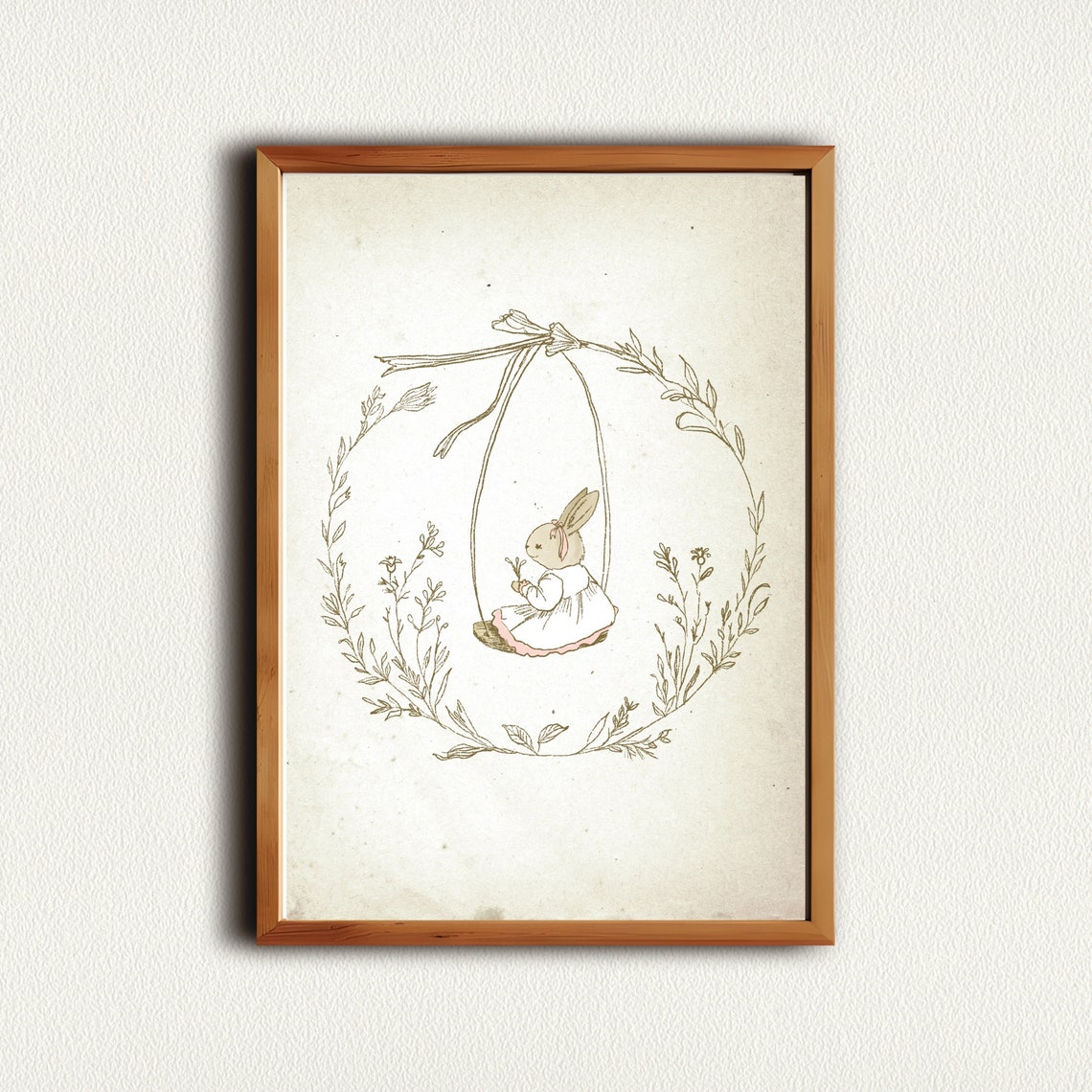 Vintage Bunny On Floral Swing Sketch Neutral Nursery Rabbit Wall Art - Image 2