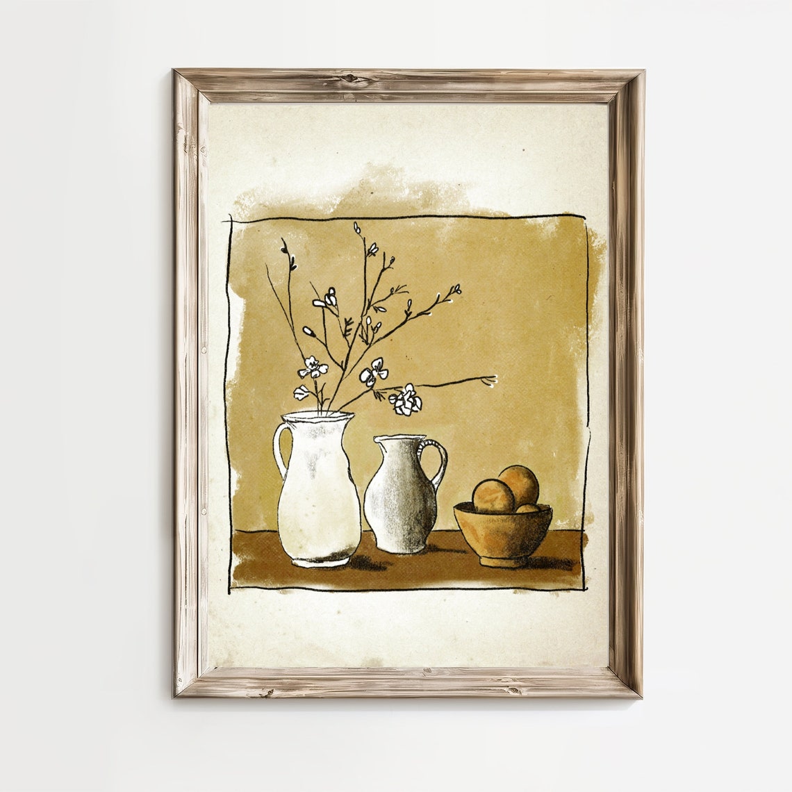 Sepia Still Life Two Jugs Blossom Branches Bowl Oranges Vintage Poster - Image 2