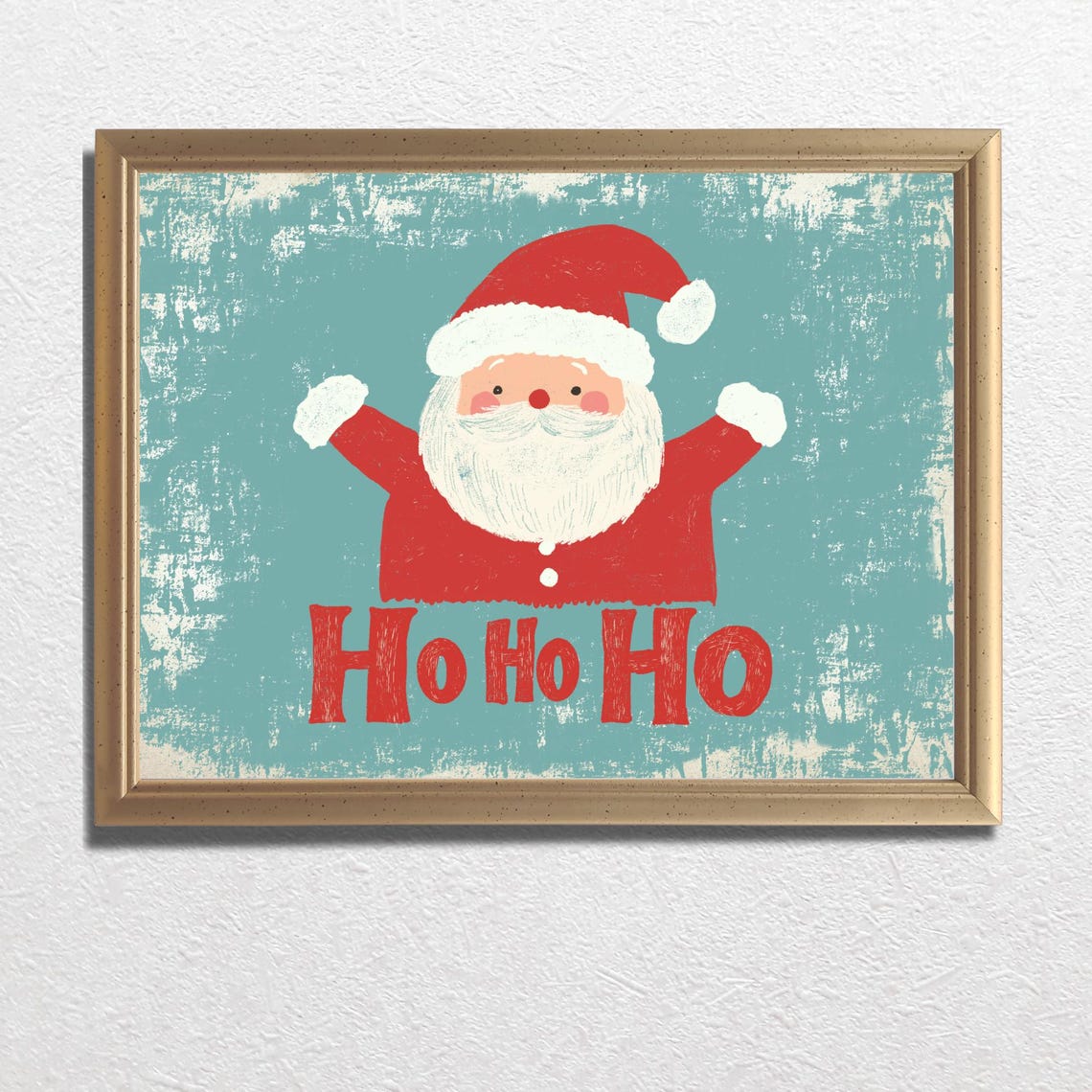 Joyful Retro Santa Claus Ho Ho Ho Distressed Teal Christmas Poster - Image 3