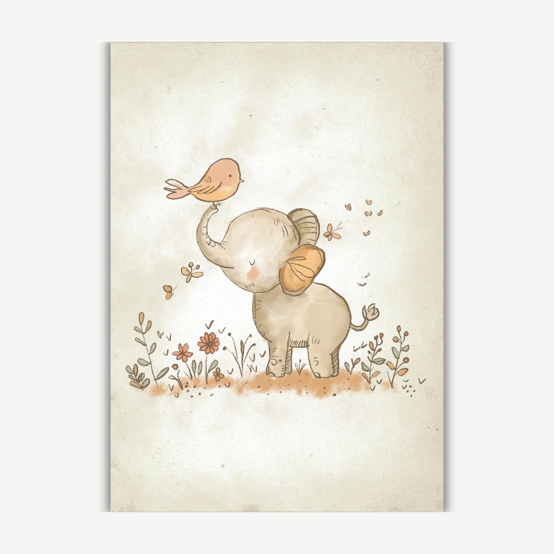 Baby Elephant With Bird On Trunk Among Wildflowers Nursery Poster - Image 3