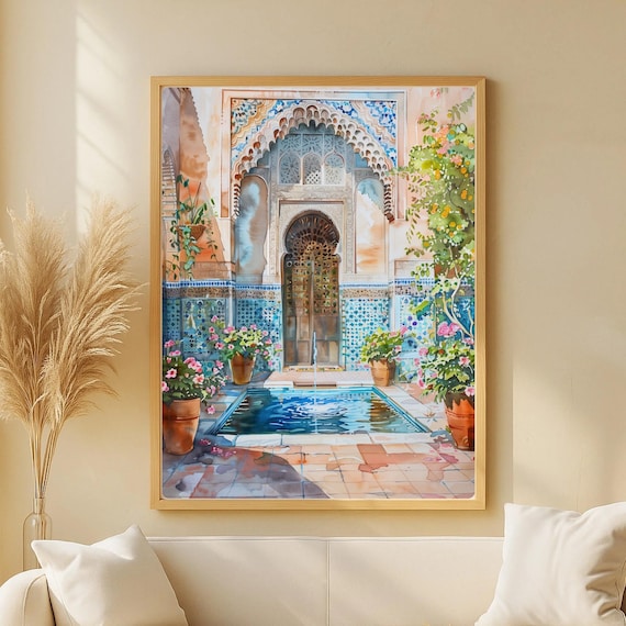 Andalusian Patio Art Print, Moroccan Riad Fountain