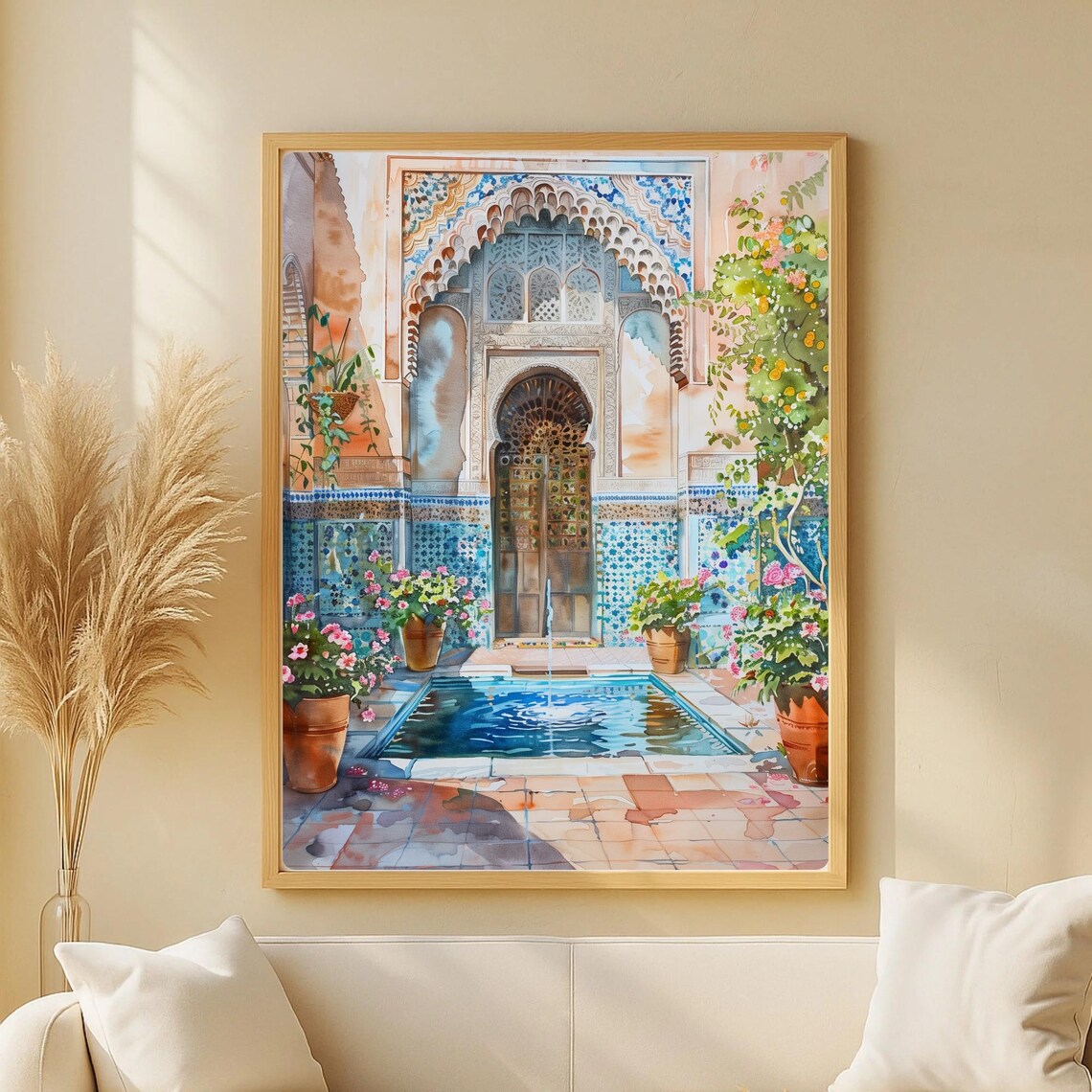 Andalusian Patio Art Print, Moroccan Riad Fountain
