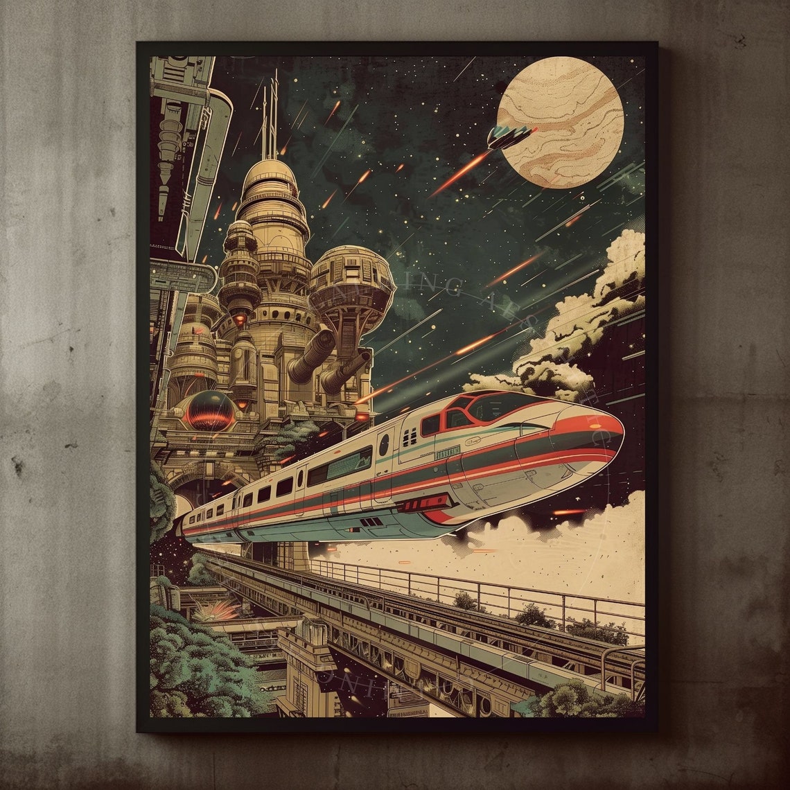 Retro Sci Fi Speed Train Futuristic Space City Collage Wall Poster