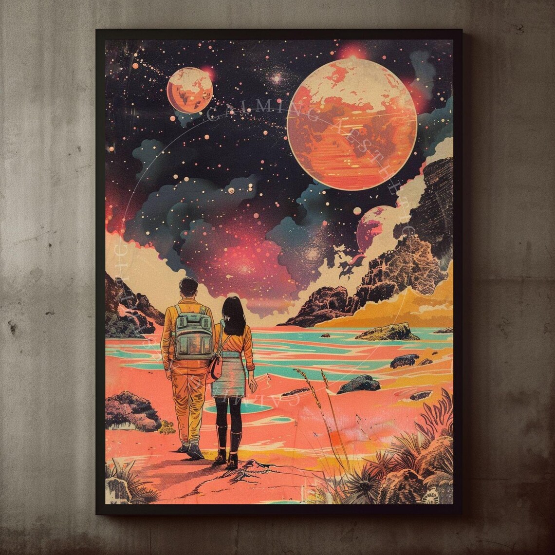 Retro Sci Fi Couple Gazing at Giant Planets Over an Alien Sea Poster