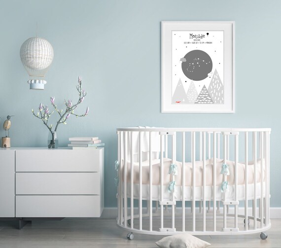 Minimalist Nursery Mountain Moon Stars Birth Detail Art Poster