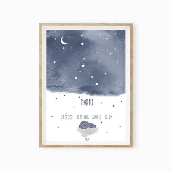 Personalized Cancer Star Sign Baby Birth Details Night Art Poster