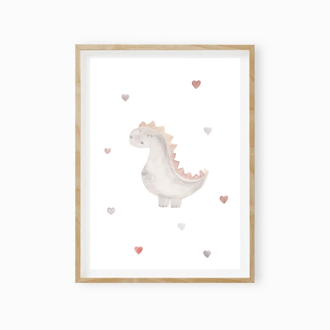 White Watercolor Dinosaur With Pink Hearts Cute Nursery Poster