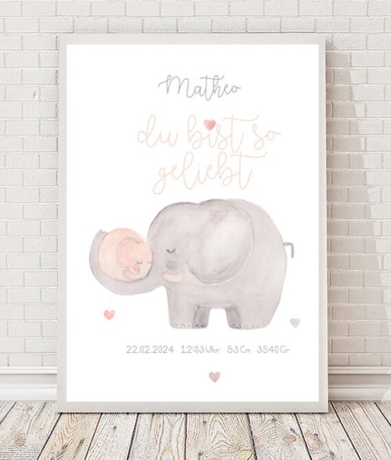 Matheo Du Bist So Geliebt Elephant Mom Baby Nursery Print Gift