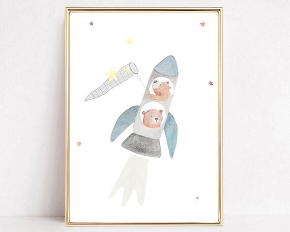 Watercolor Rocket Bears Stars Kids Space Adventure Nursery Art Poster