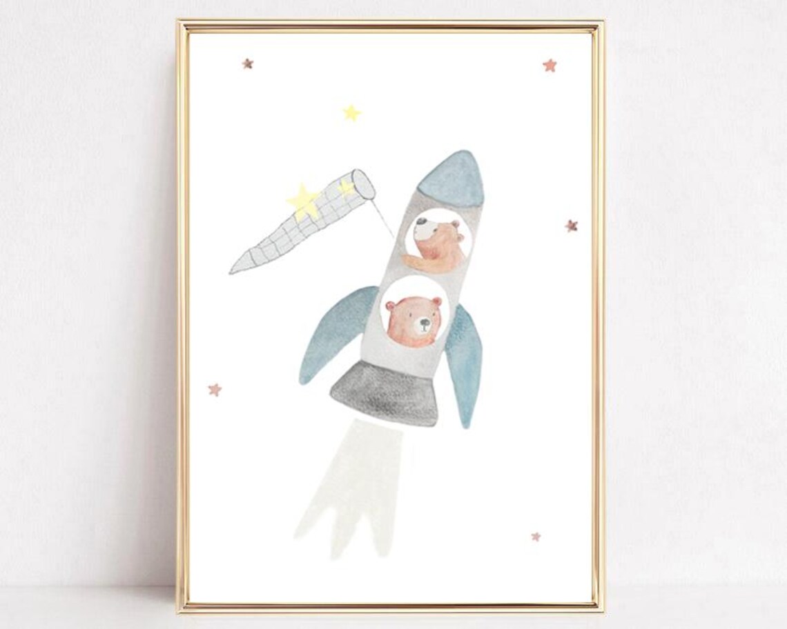 Watercolor Rocket Bears Stars Kids Space Adventure Nursery Art Poster