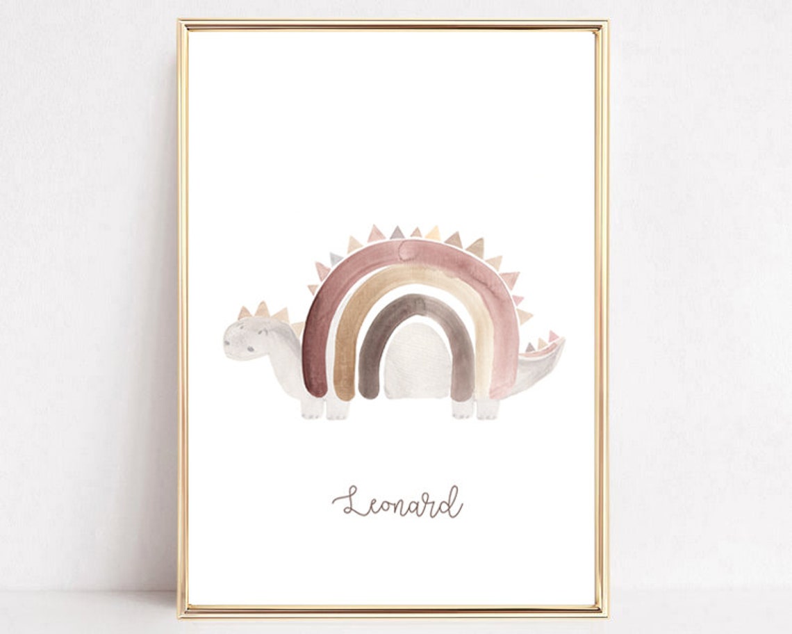 Pastel Watercolor Dinosaur With Rainbow Custom Name Nursery Poster
