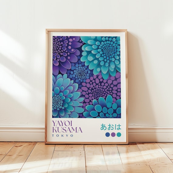 Yayoi Kusama Inspired Purple Turquoise Dahlia Floral Pattern Poster