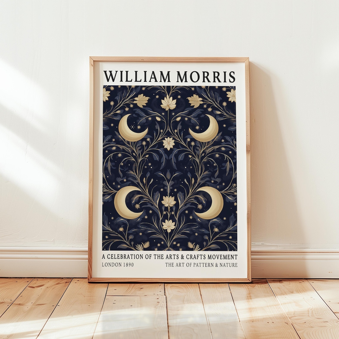 William Morris Crescent Moon Gold Navy Botanical Floral Art Poster