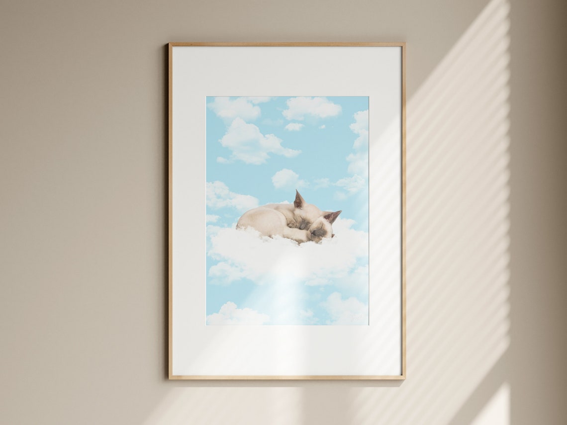 Sleeping Siamese Kitten On Cloud Blue Sky Cute Nursery Animal Poster