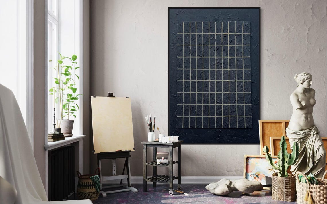 Black Background Oil Painting Gold Checkerboard Artwork Thick Texture Wall Art Handmade Personalized Artwork Large Wall Decor - Image 3