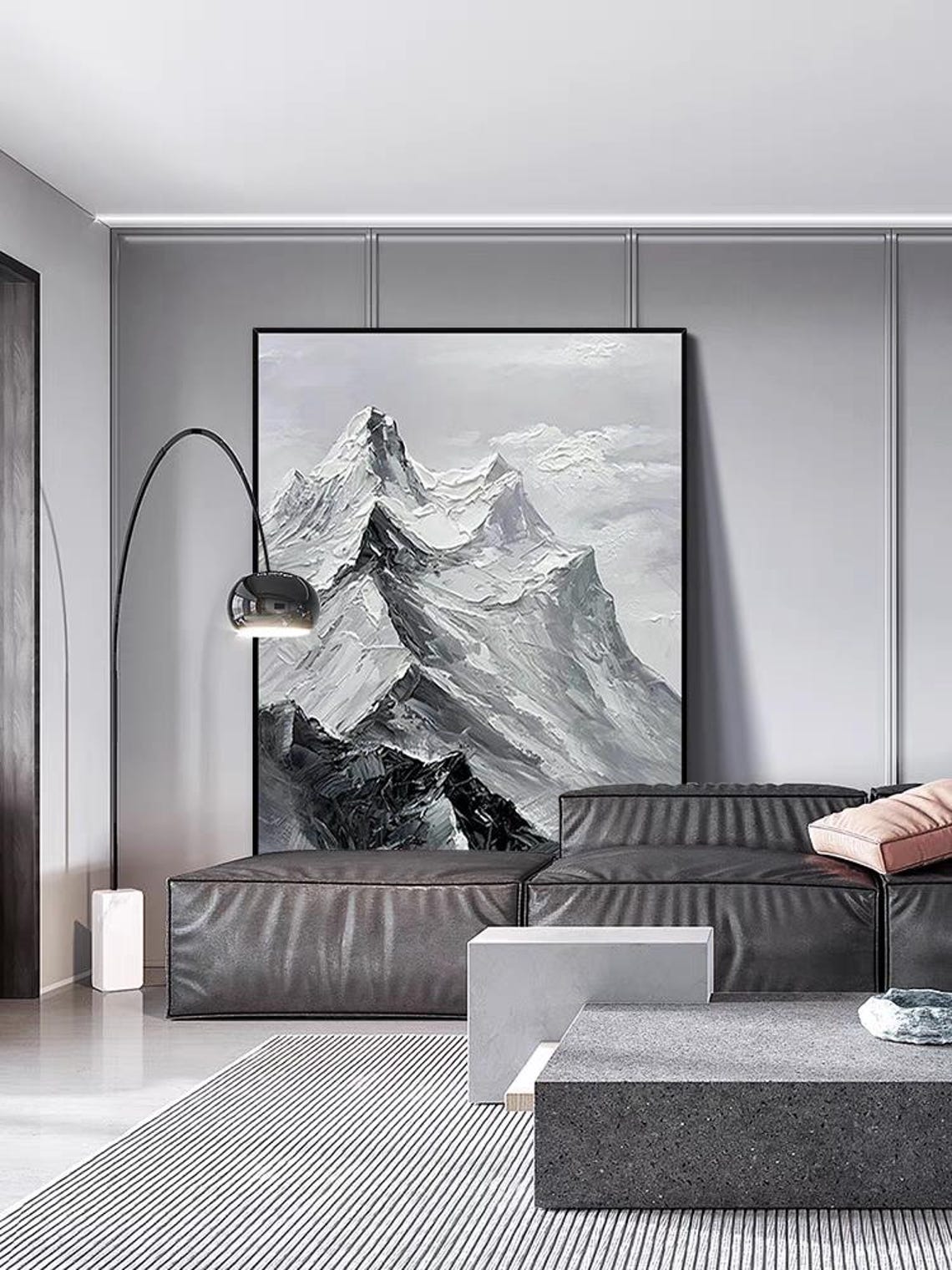 Black White Snowy Mountain Peaks Textured Modern Winter Art Poster - Image 2