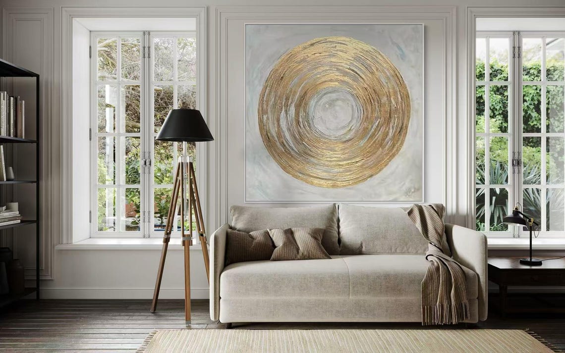 Gold Concentric Circle Swirl on Light Gray Square Abstract Poster - Image 3