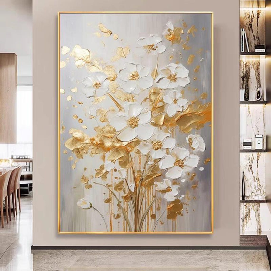 White Blossom Flowers Gold Leaves Textured Vertical Floral Poster - Image 3