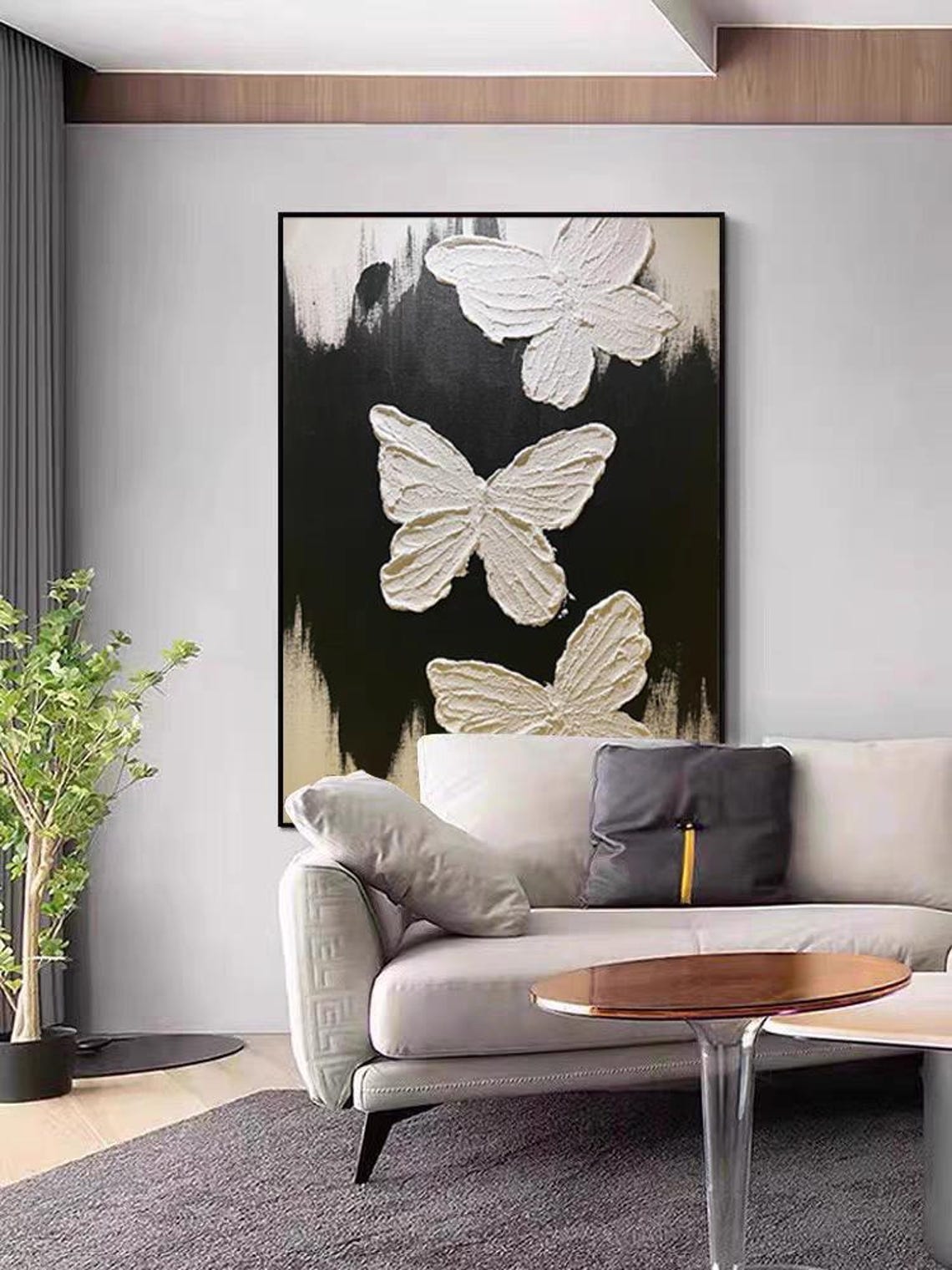 White Butterfly With Black Background Art Abstract Nature Wall Art Hand Painted Black White Gold Acrylic Painting Artistic Home Decor - Image 2