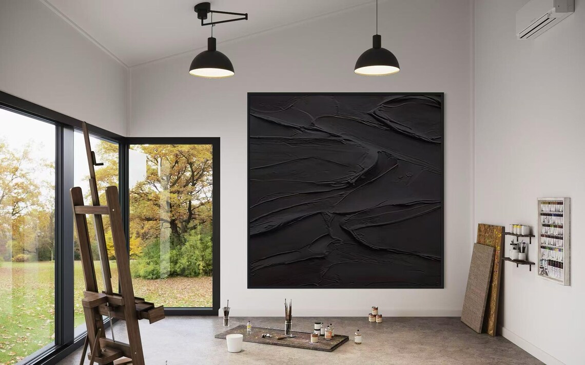 Square All Black Flowing Fold Sculptural Texture Minimalist Poster - Image 3