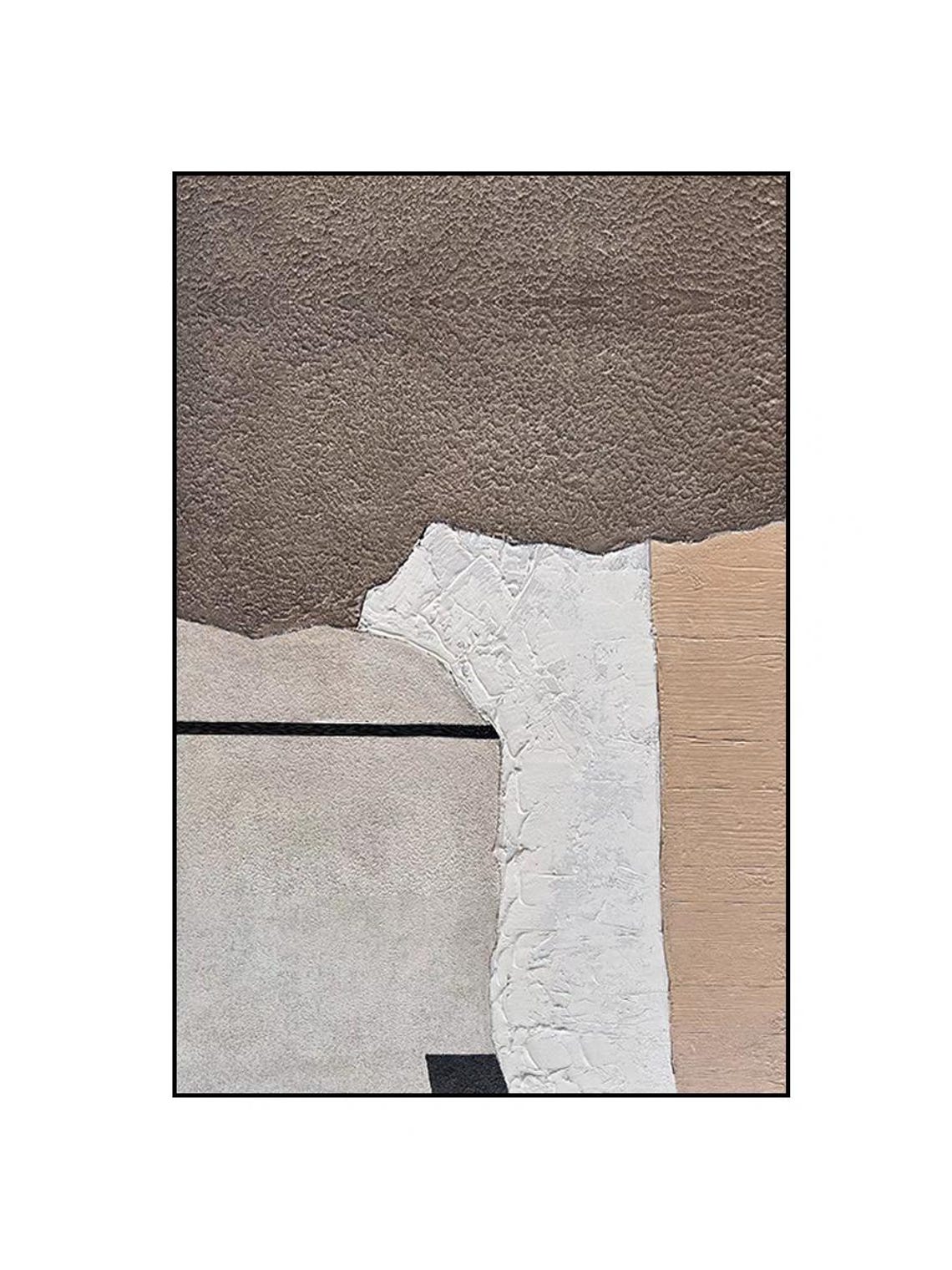 Grey Tan and White Geometric Blocks Textured Abstract Canvas Poster - Image 2
