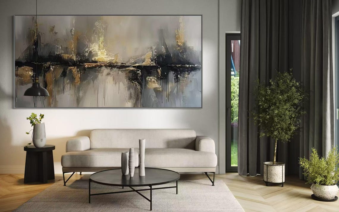 Brooding Black and Gold Streaked Horizon with Drips Abstract Poster - Image 2