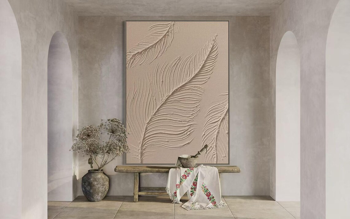 Brown Carved Leaf Relief on Warm Tan Textured Botanical Art Poster - Image 3