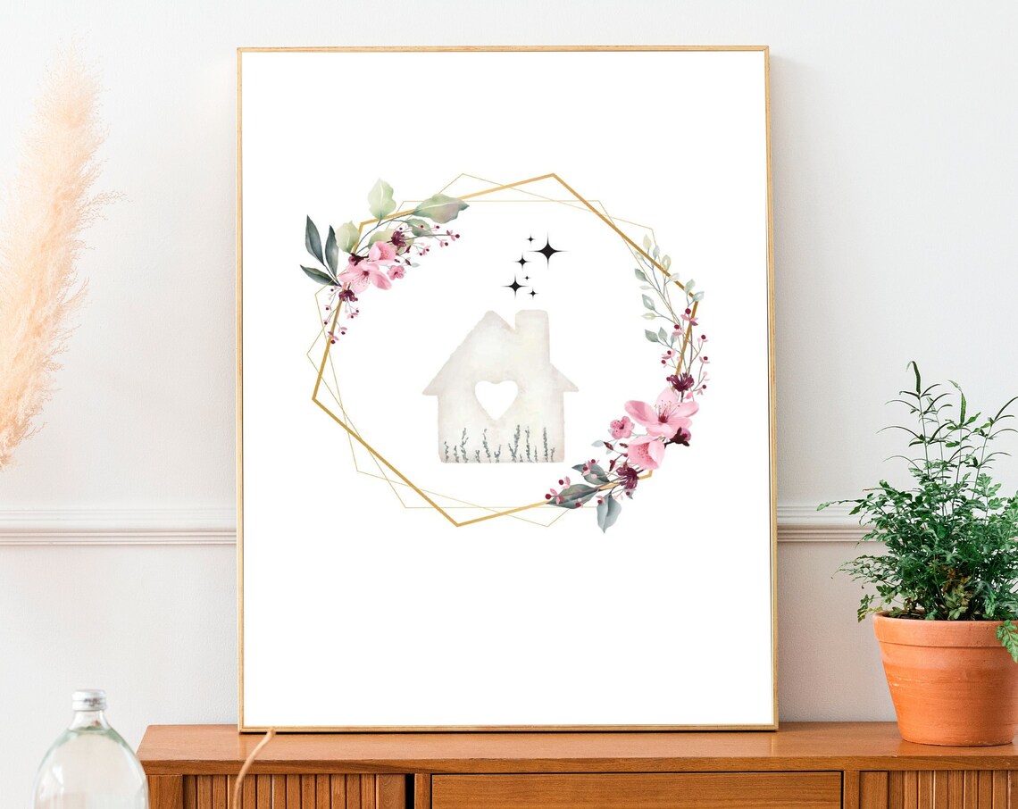 Floral House Watercolor Pink Blossom Home Decor Boho Art Print