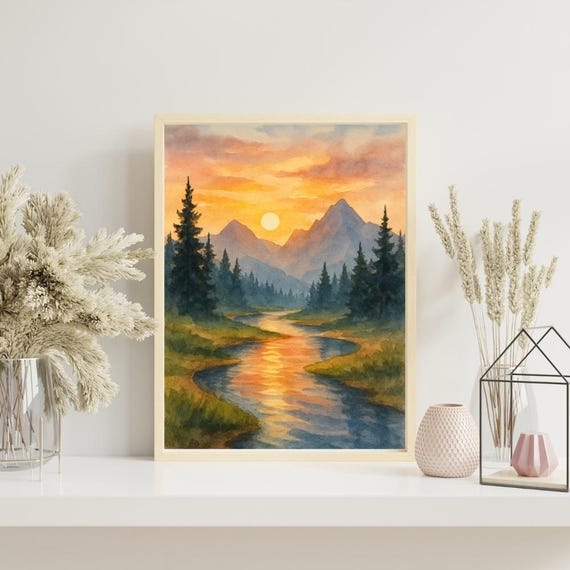 Sunset Mountain Landscape Watercolor Wall Art Nature Print River Forest Painting