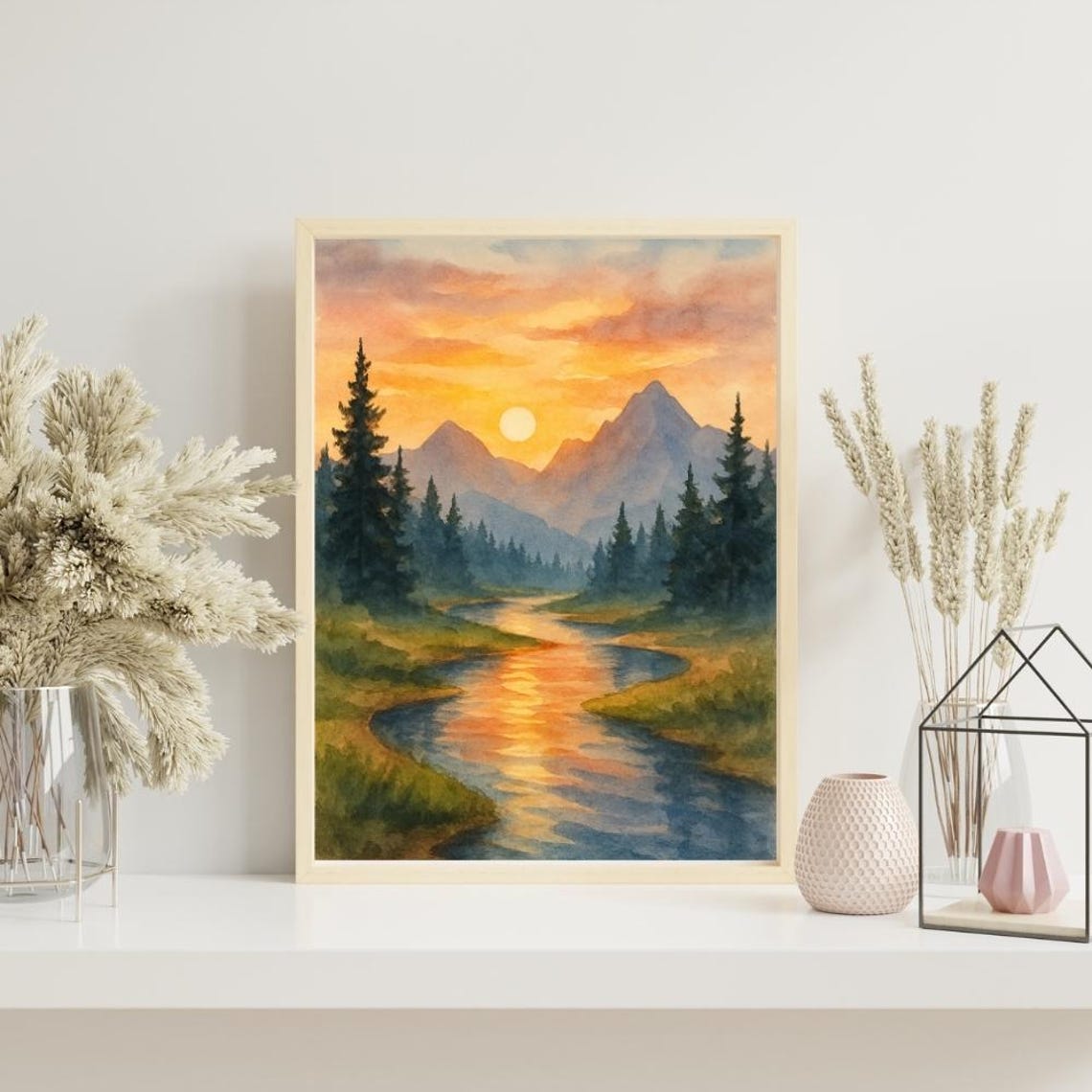 Sunset Mountain River Valley Watercolor Landscape Scenic Poster
