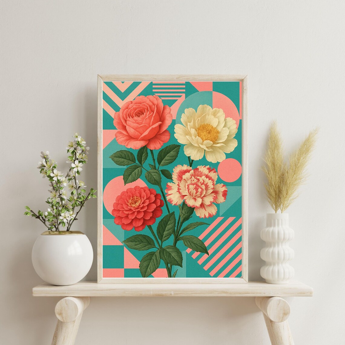 Vintage Coral Floral Bouquet Geometric Teal Background Art Print