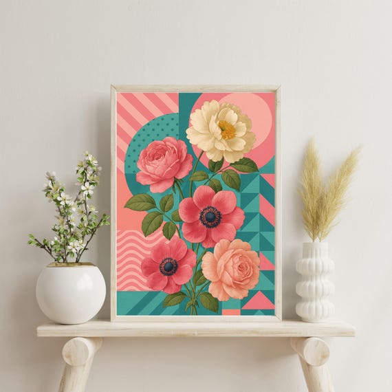Colorful Floral Wall Art Vintage Botanical Print With Geometric Background