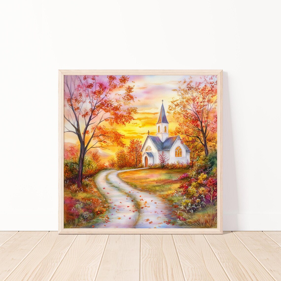 Autumn Chapel Sunset Watercolor Country Church Fall Landscape Poster