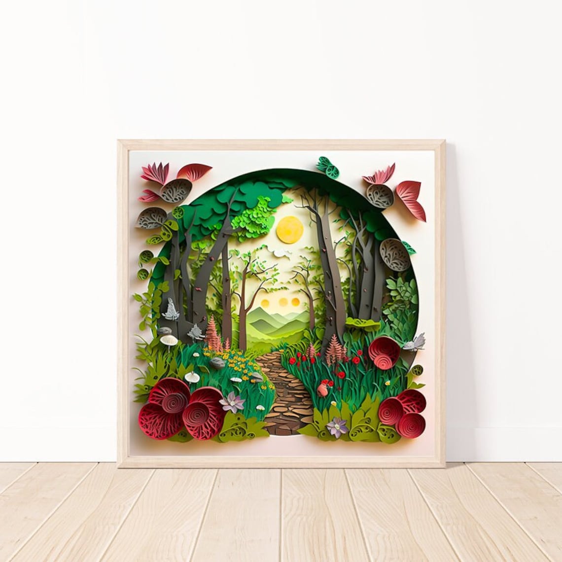 Layered Paper Forest Path Quilled Sunlit Woodland Scene Poster