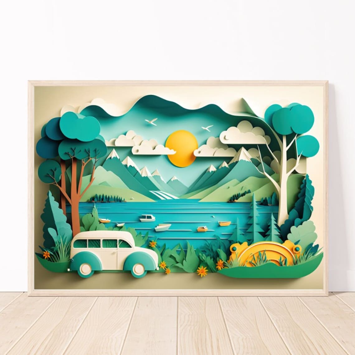 Layered Paper Cut Lake Life Sunset With Vintage Car Wall Art