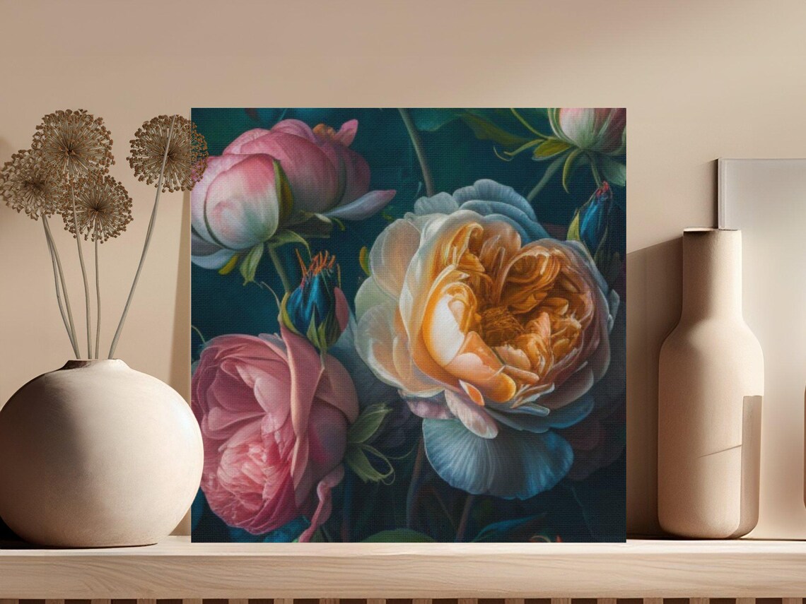 Moody Dark Floral Oil Painting of Pink and Cream Roses Poster - Image 3