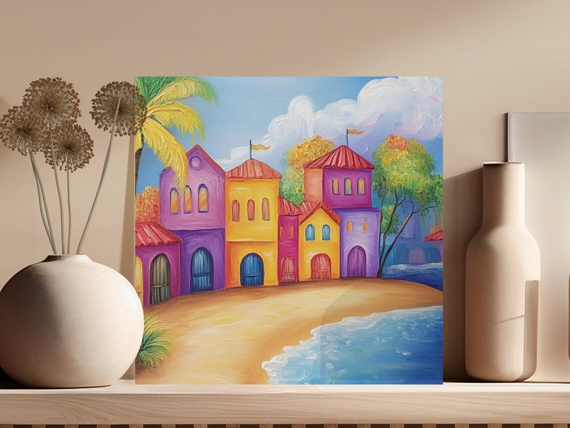 Colorful Coastal Village Painting With Palm Tree and Sailboat Poster - Image 3
