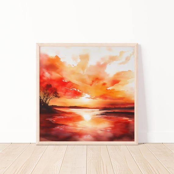 Sunset Landscape Print Sunrise Wall Art Watercolor Minimalist Home Decor 20x20