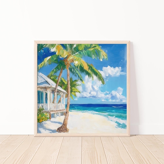 Tropical Beach House Palm Trees Turquoise Ocean Oil Painting Poster